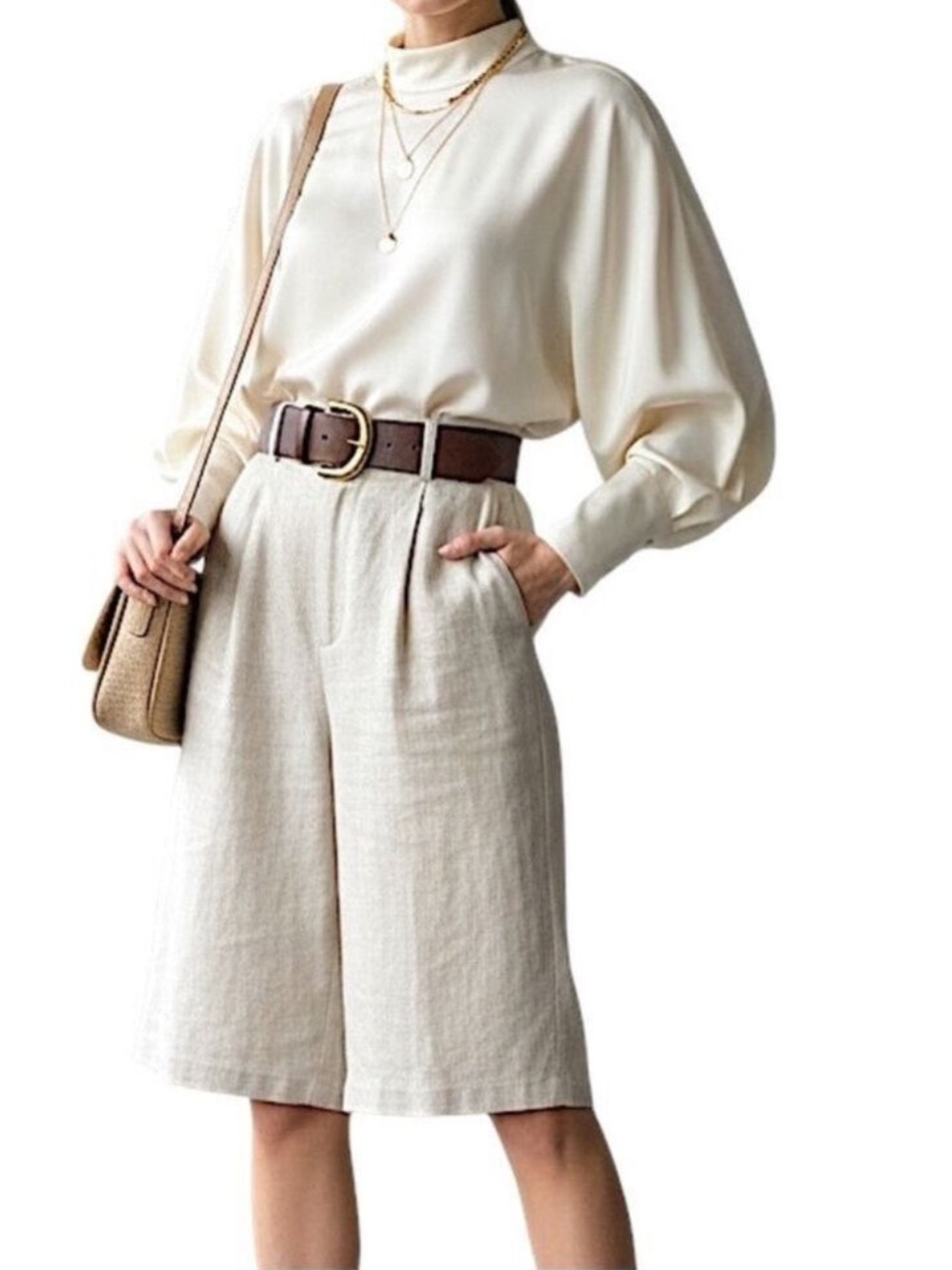 Pure linen beige pleated minimalist old money quiet luxury long knee shorts S